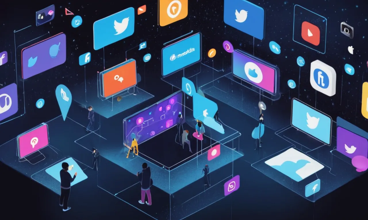 Una persona inmersa en un entorno de realidad virtual rodeado de pantallas e iconos de redes sociales.