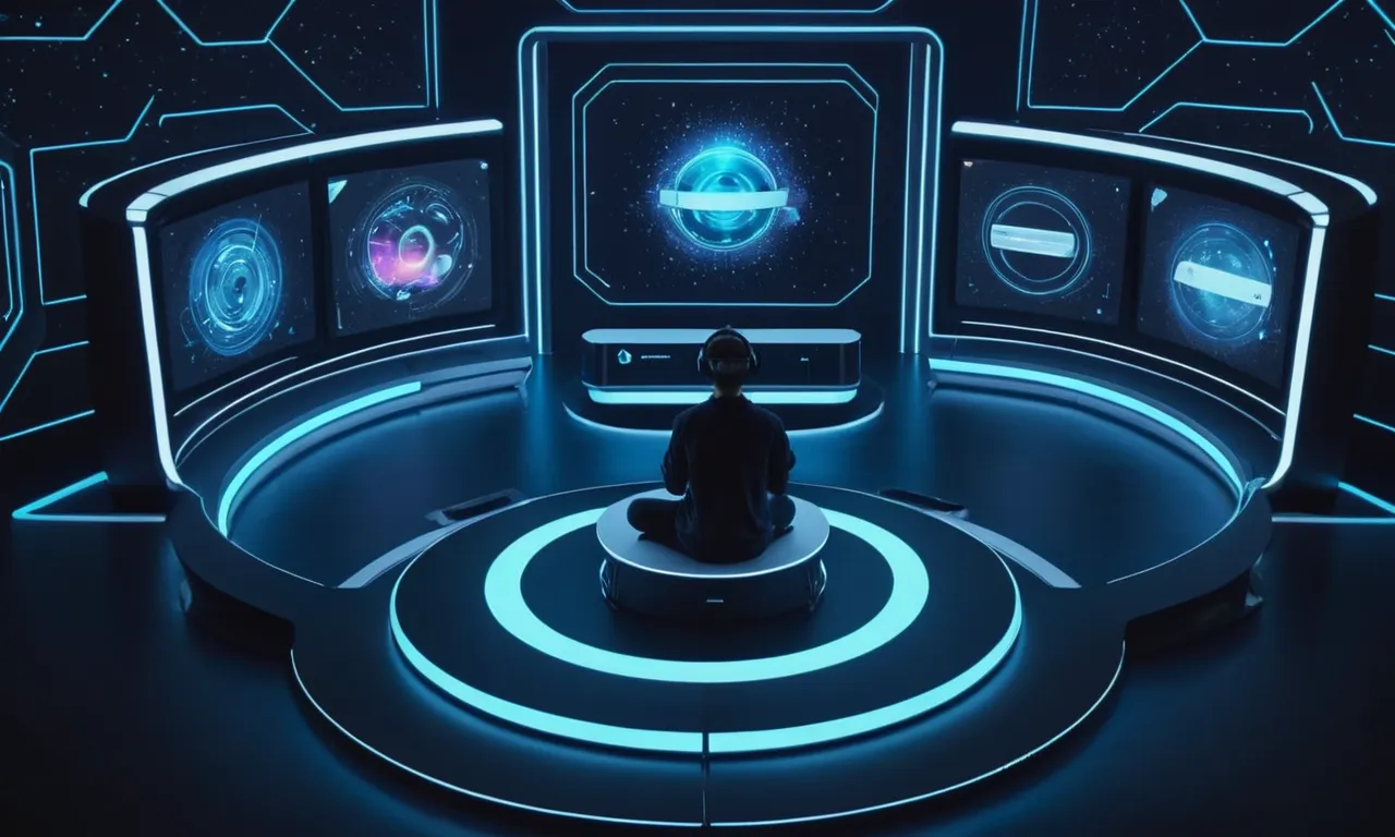 Una persona sentada frente a una consola futurista, rodeada de auriculares de realidad virtual y pantallas interactivas.