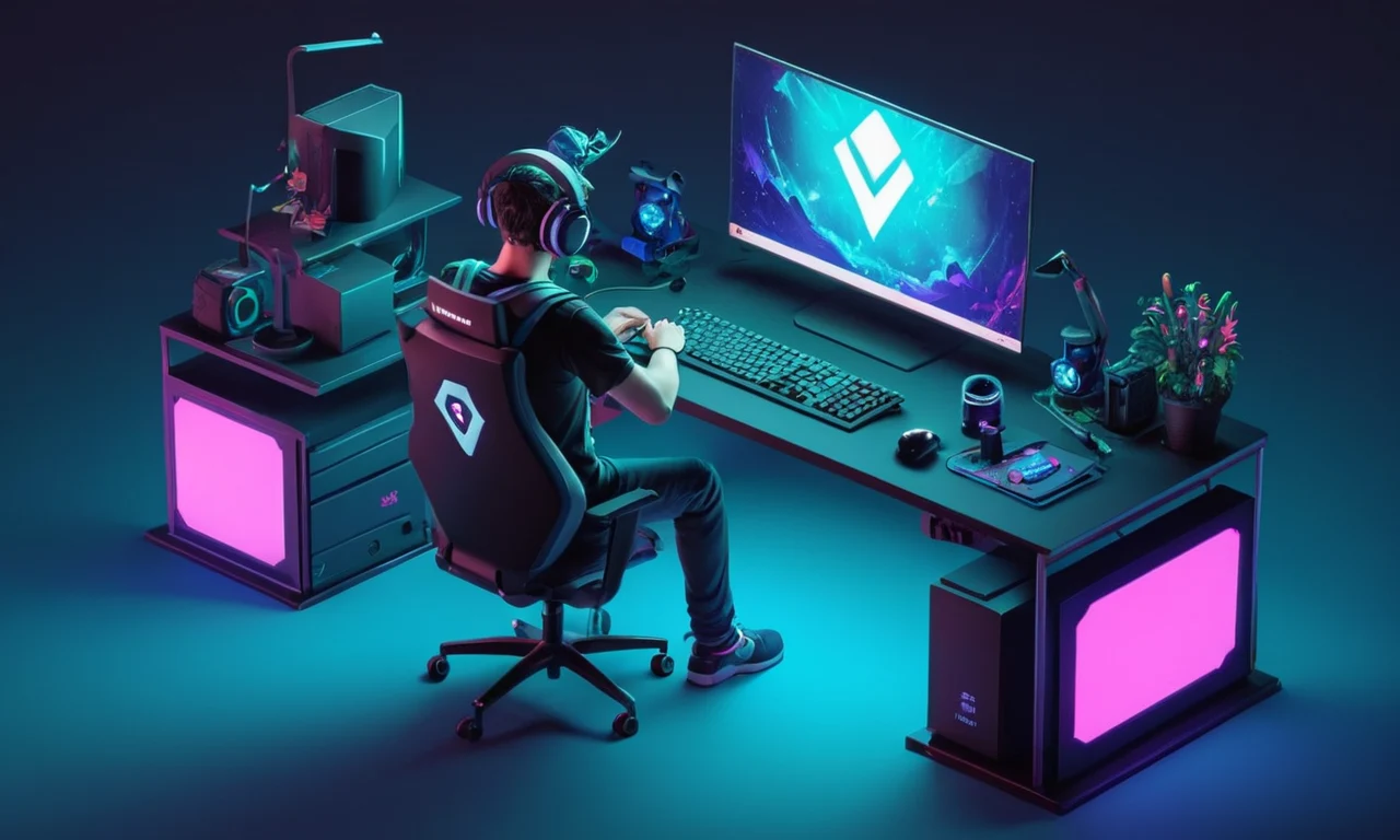 Un jugador sentado en un escritorio con periféricos de juego y un portátil abierto a una encuesta o datos de experimento.