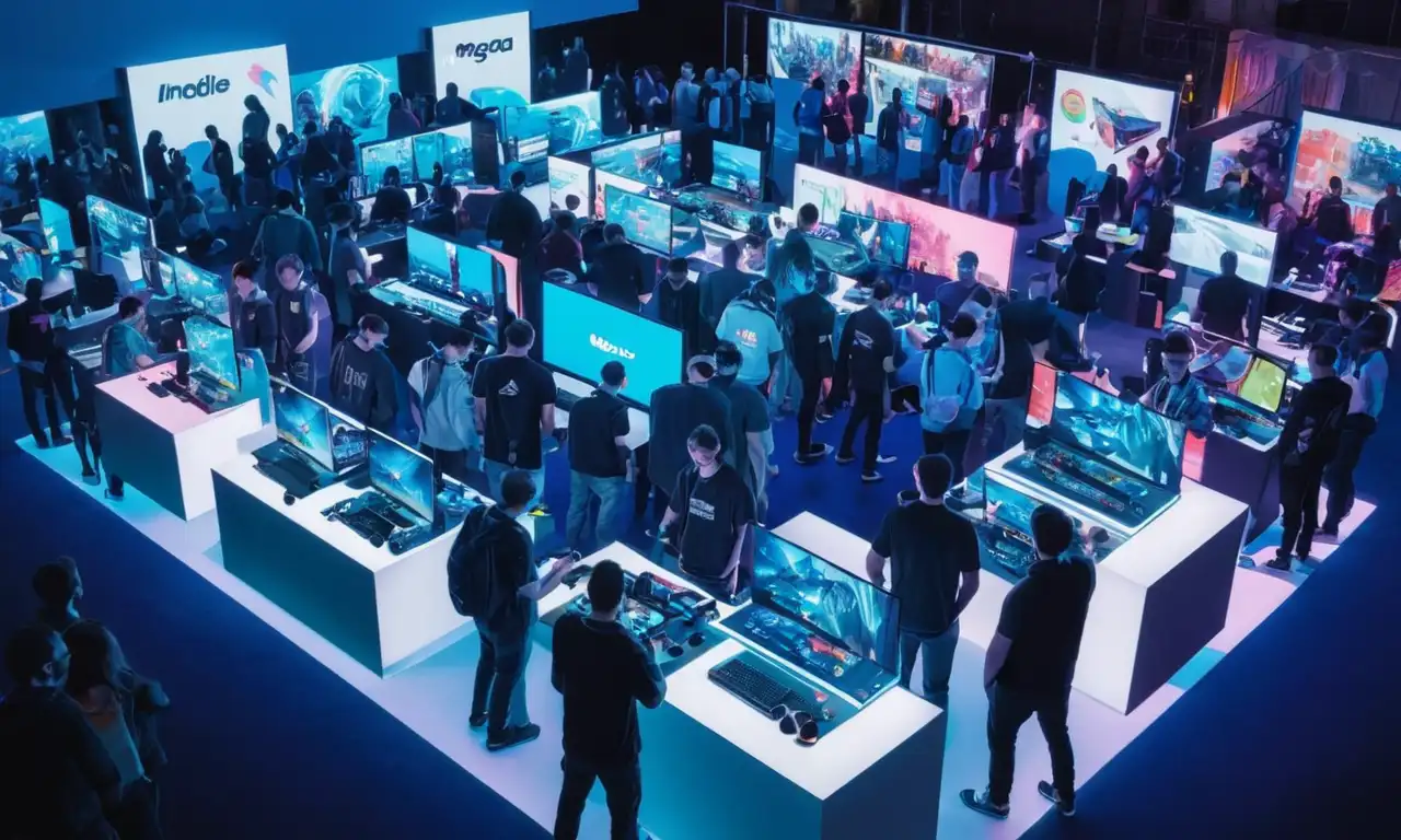 Un grupo de desarrolladores rodeado de consolas de juego y laptops en el evento Indie Mega Booth.