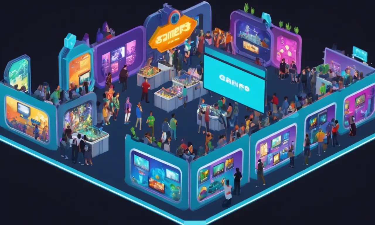 Un stand indie lleno en una exposición, con jugadores y desarrolladores interactuando.