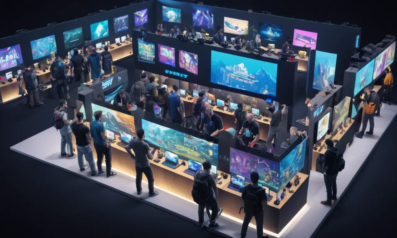 Un grupo de desarrolladores independientes se reunieron alrededor de una cabina mostrando sus juegos, con laptops y consolas en el fondo.