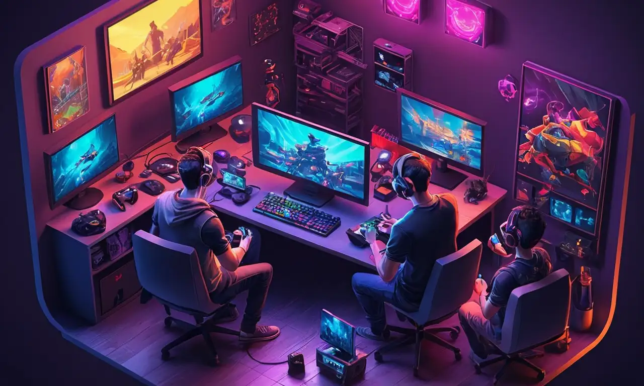 Un grupo de jugadores se reunieron alrededor de un ordenador, rodeado de pantallas y controladores.