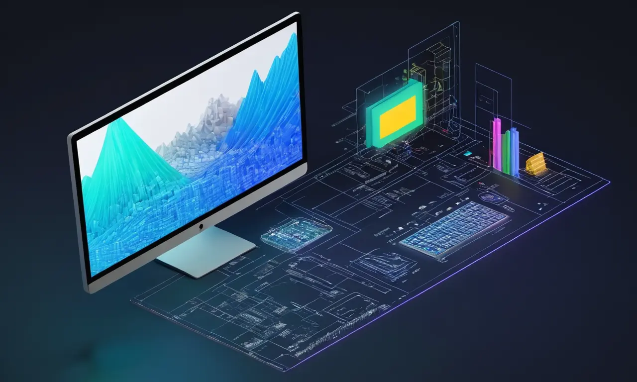 Una pantalla de computadora que muestra un proceso de renderización de gráficos 3D con elementos de codificación y diseño que lo rodean.