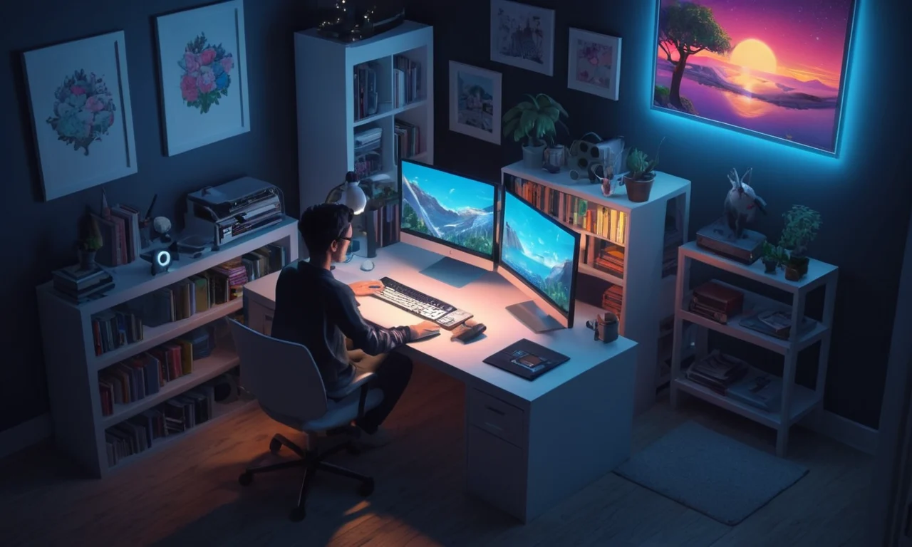 Un artista informático trabajando en una escena 3D con varias fuentes de luz y opciones de renderización.