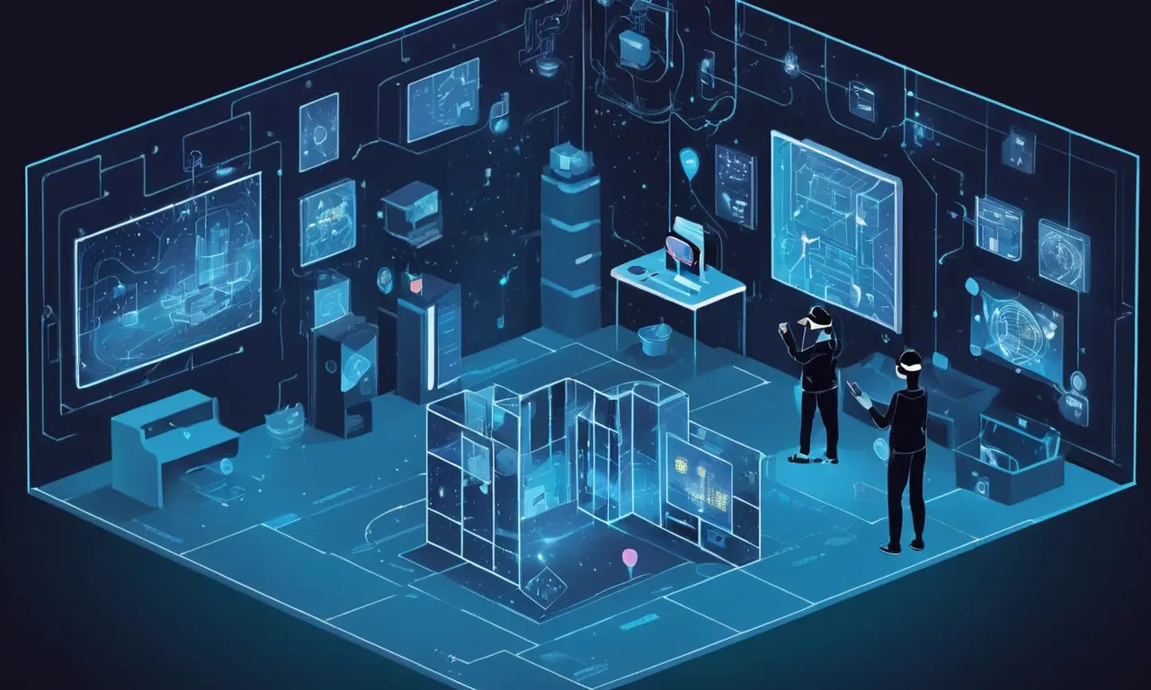 Una persona que lleva gafas VR, rodeada de mapas y diagramas de habitación virtuales.