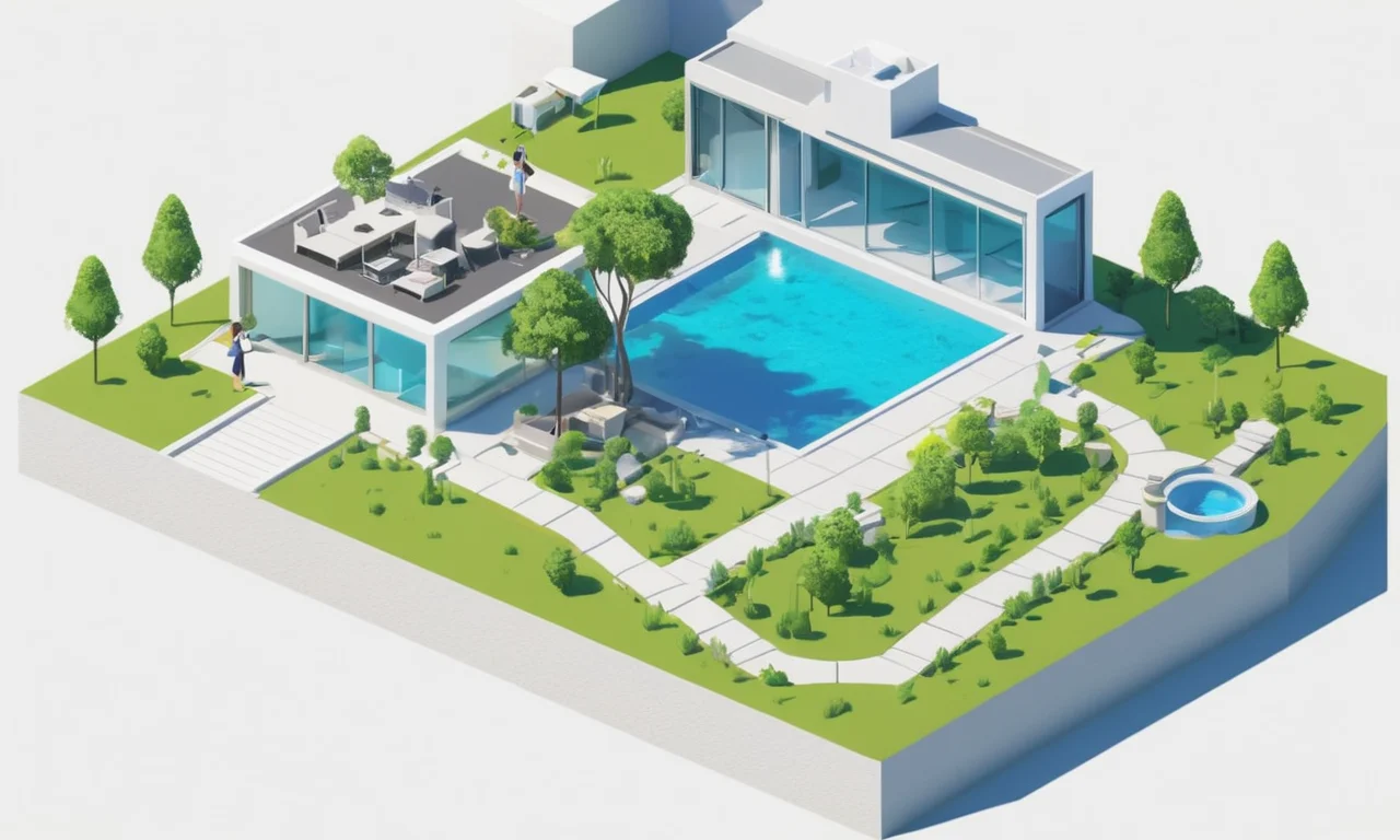 Un entorno de realidad virtual con mapas y diseños arquitectónicos.