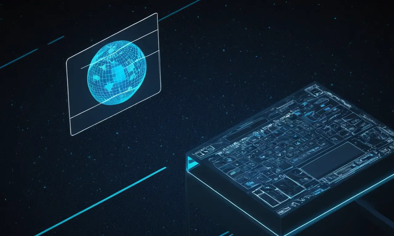 Una pantalla de ordenador futurista que muestra el código y un globo en el fondo, con una burbuja de pensamiento que representa los desafíos y posibilidades para futuras herramientas de modding.