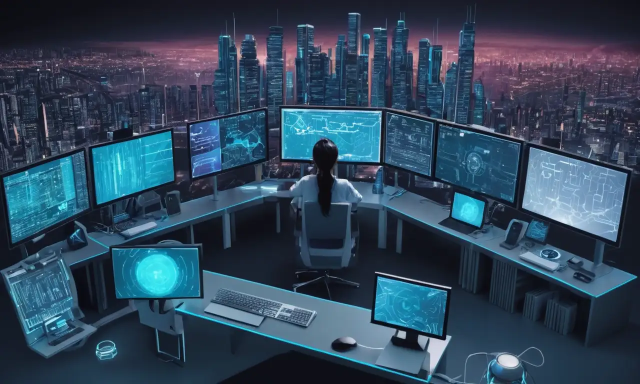 Una persona rodeada de pantallas de ordenadores y herramientas de codificación, con un futurista paisaje urbano en el fondo, representando las posibilidades de futuro moddings.