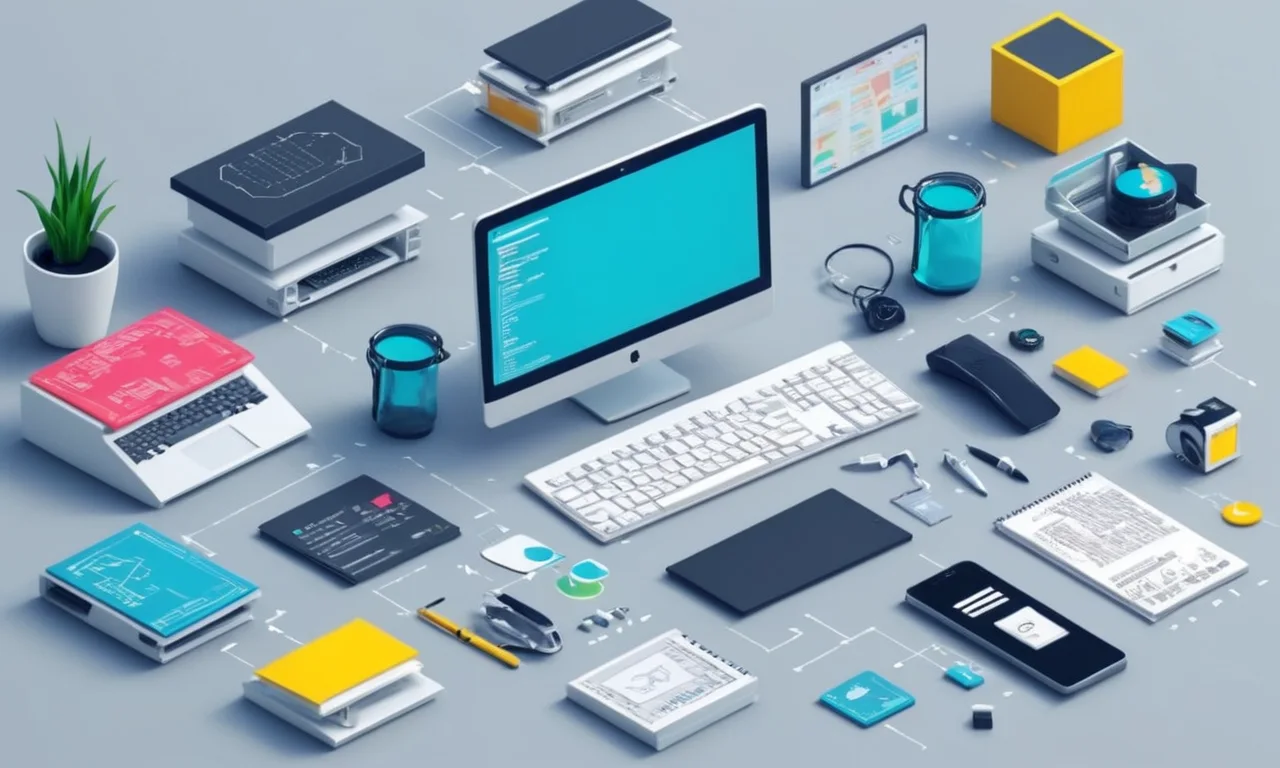 Un espacio de trabajo de programadores con varias herramientas de codificación y iconos de software que los rodean, representando las herramientas populares de scripting y programación para modding.