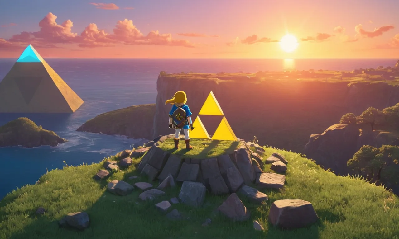 Una figura de Enlace de pie en un acantilado con vistas a un atardecer, rodeado de símbolos Triforce y recuerdos nostálgicos.