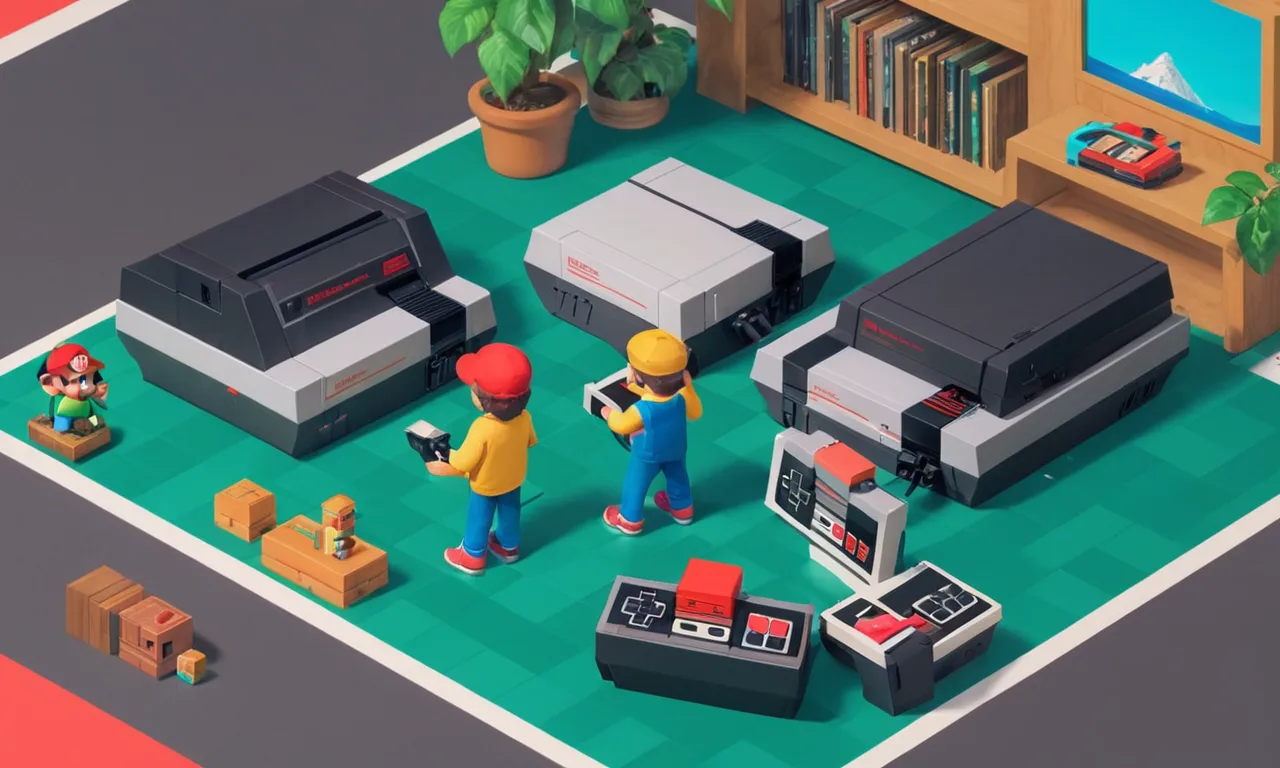Una escena nostálgica de niños jugando con consolas originales del Nintendo Entertainment System (NES) y juegos clásicos.