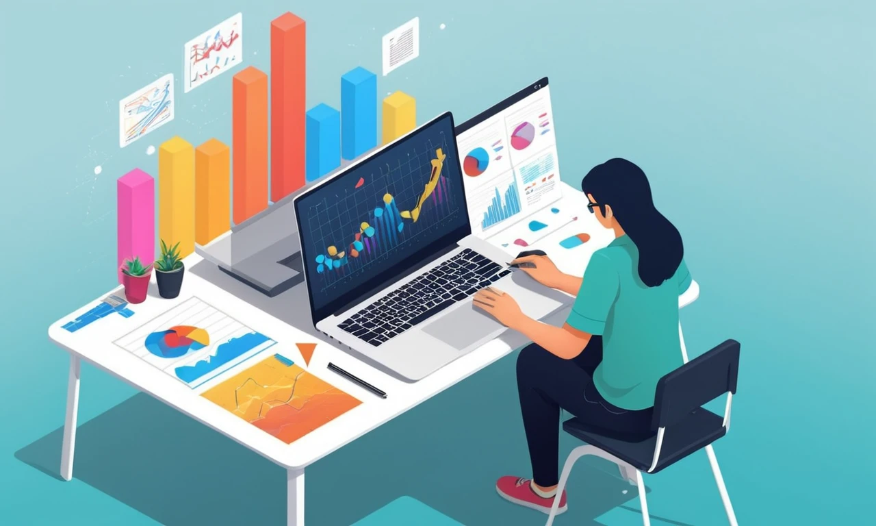 Un diseñador gráfico que trabaja en un portátil con gráficos e ilustraciones que los rodean.