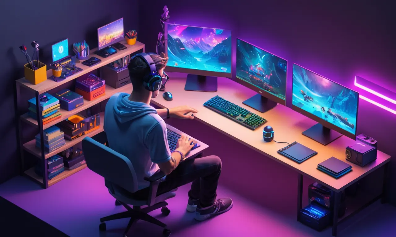 Un jugador sentado en un escritorio rodeado de mods de juego y materiales de codificación con un portátil abierto.