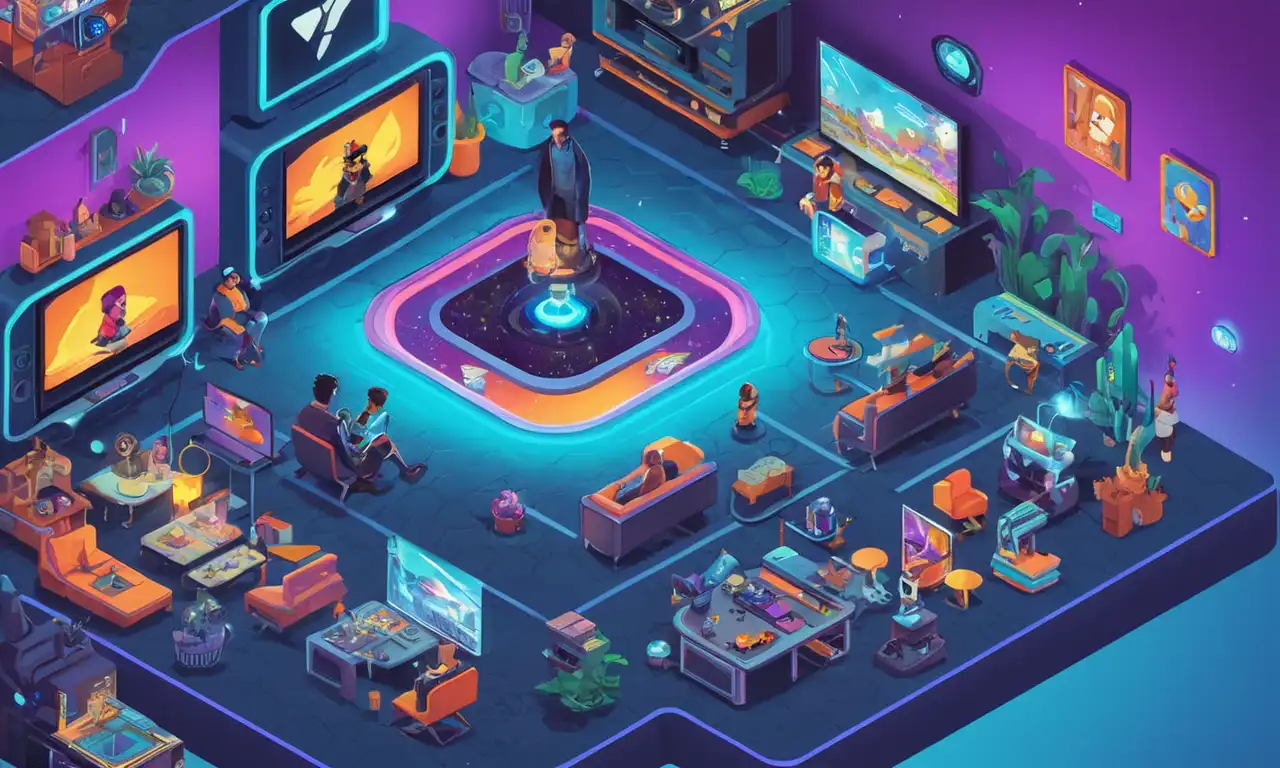 Ilustraciones de personajes de diversas plataformas de medios, como videojuegos y programas de televisión, con un fondo futurista.