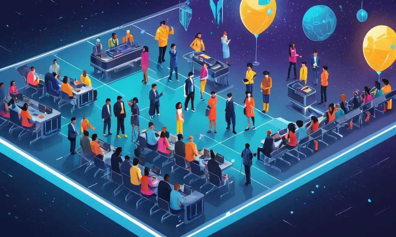 Un grupo diverso de personas de diferentes orígenes y habilidades se reunieron en un entorno futurista.