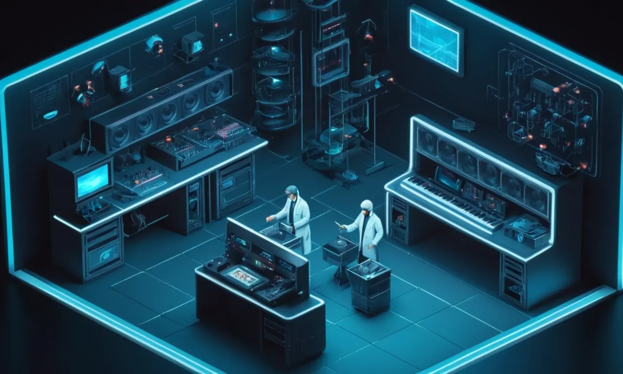 Científicos que trabajan con equipos de audio en un laboratorio de sonido futurista.