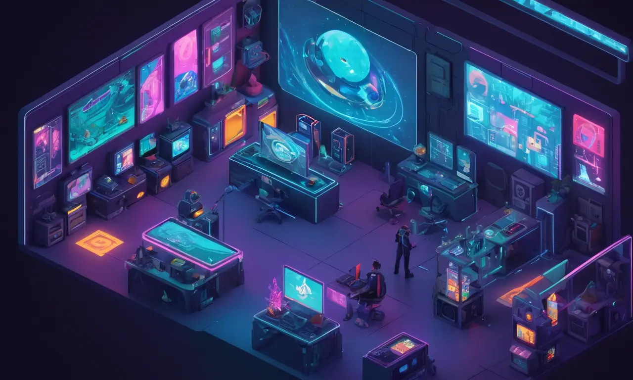 Un artista rodeado de pantallas que muestran diseños futuristas y obras de arte conceptual.