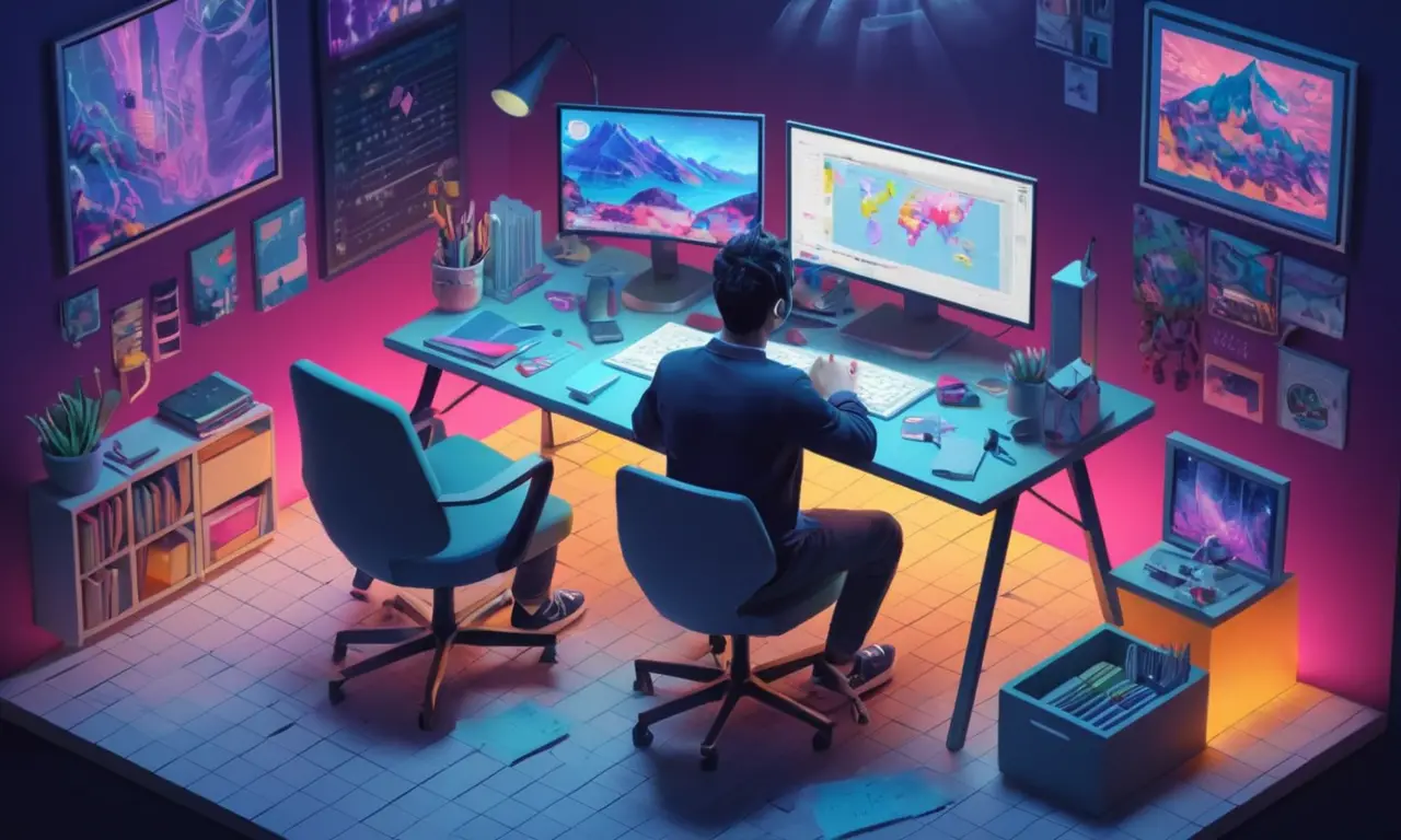 Diseñador de arte conceptual sentado en un ordenador rodeado de visuales, pantallas y notas.