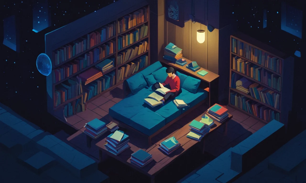 Una persona sentada sola por la noche, rodeada de libros y papeles, con una expresión que provoca pensamientos.