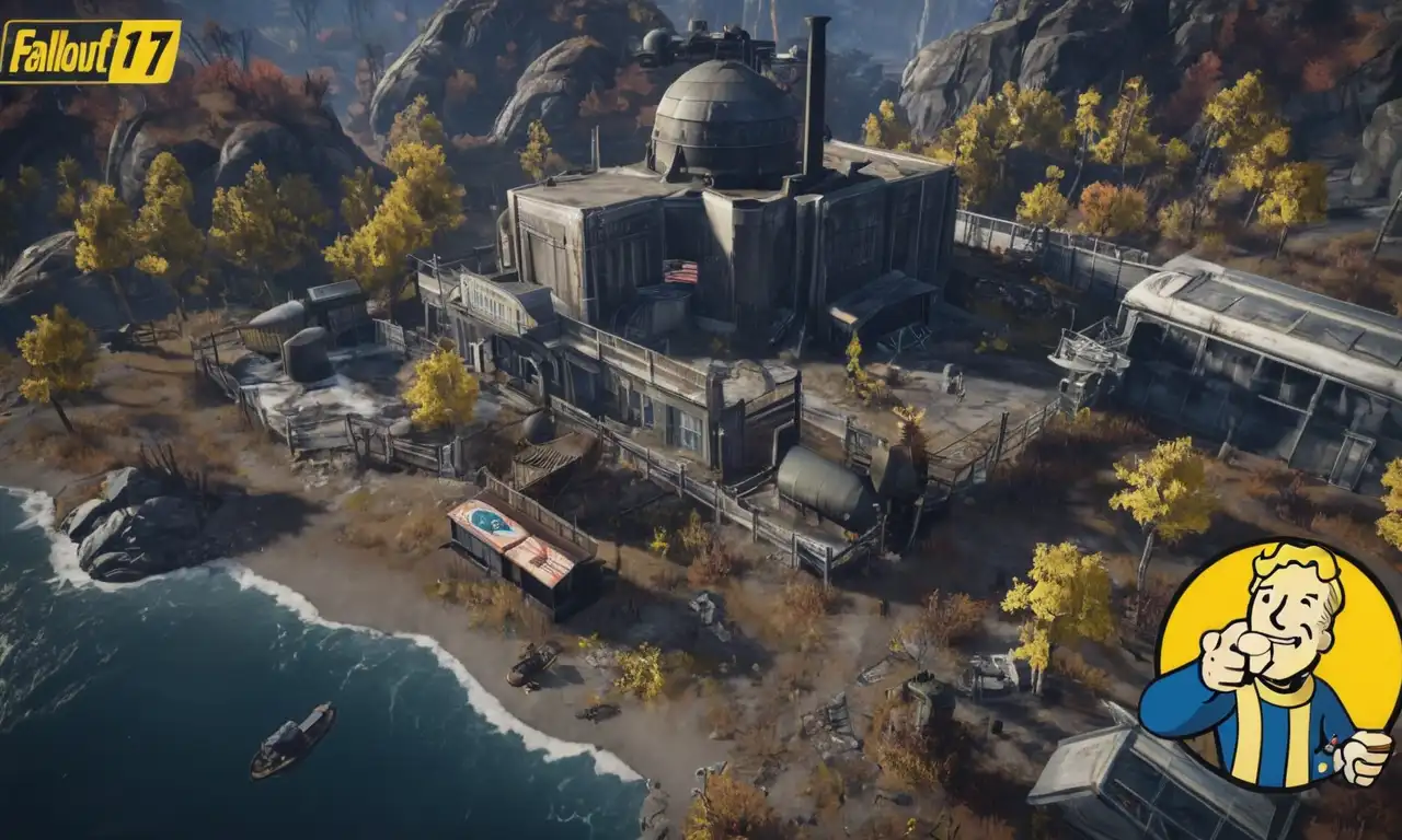 Una captura de pantalla del juego Fallout 76 en un ordenador con titulares de noticias sobre sus problemas de lanzamiento en el fondo.