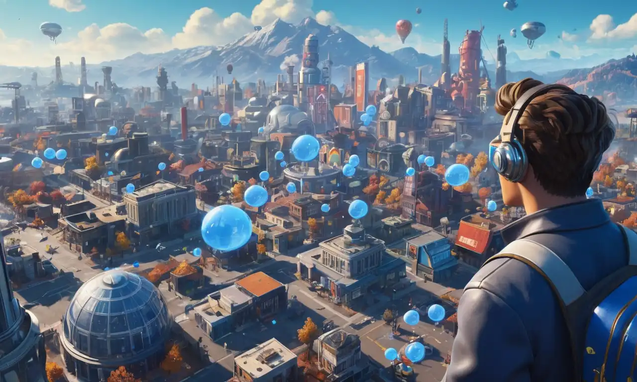 Una persona mirando un futurista paisaje urbano con pensamientos burbujas y Fallout 76 logos.