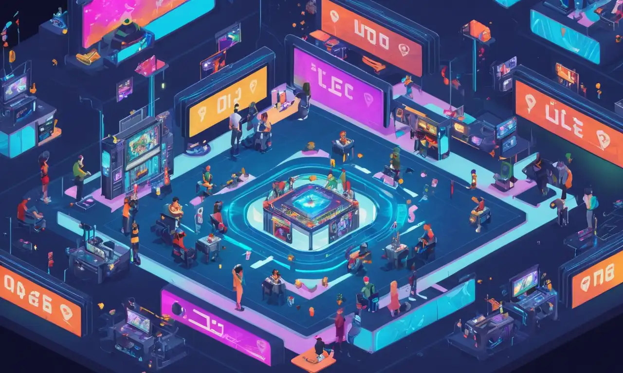 Un grupo de jugadores colaborando en un juego multijugador en línea con un fondo de paisaje urbano virtual.