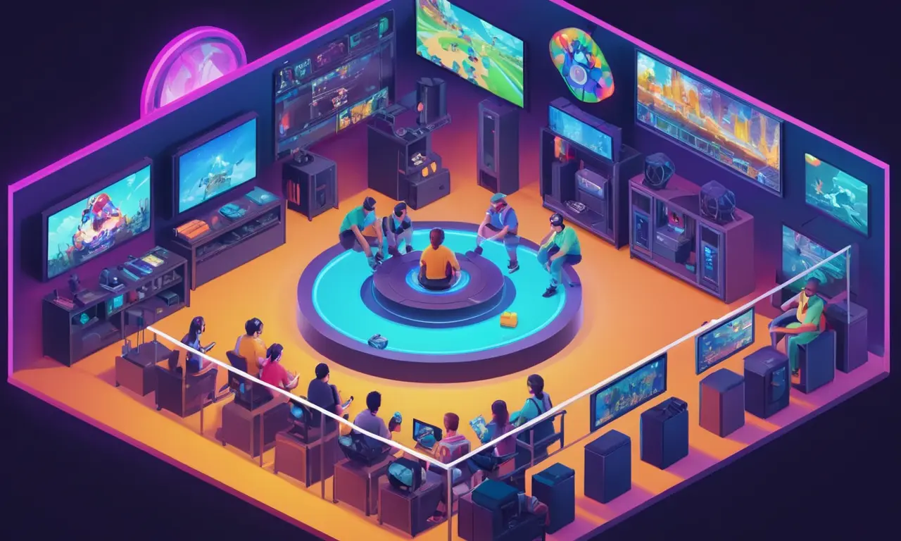 Un grupo de jugadores se reunieron alrededor de una consola de juego virtual, rodeado de pantallas y ventanas de chat.