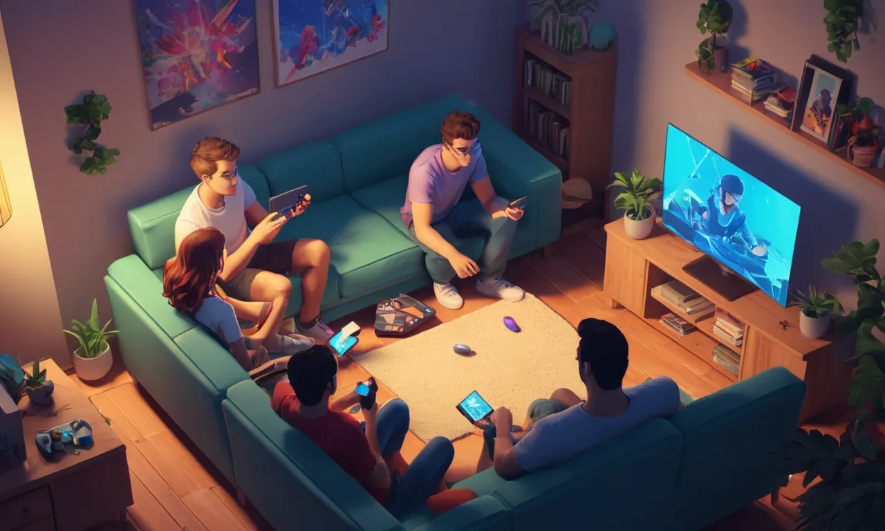 Un grupo de amigos jugando juegos multijugador en consolas y computadoras en un salón.