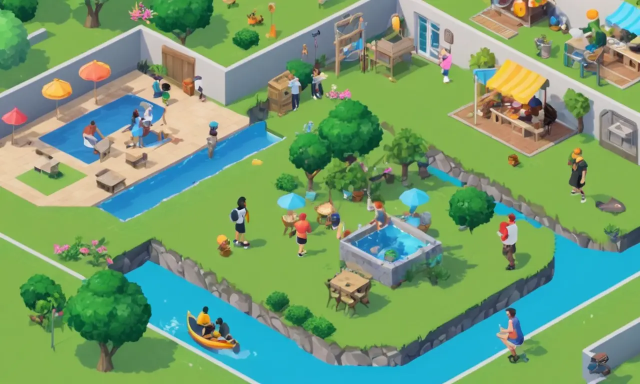 Una captura de pantalla de un juego multijugador de vida simulador con los jugadores que interactúan en un mundo virtual.