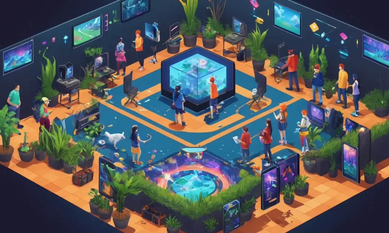 Un grupo de amigos riéndose mientras juega un juego de simulación de vida multijugador en múltiples dispositivos.