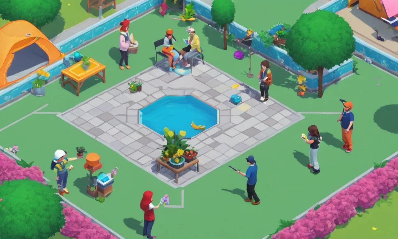 Una captura de pantalla de un simulador de vida multijugador que muestra caracteres interactuando con objetos virtuales y uno al otro.