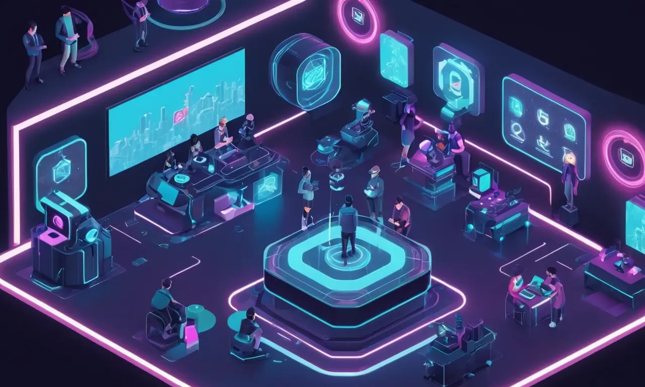 Una ilustración futurista que muestra a los jugadores que interactúan con los avatares impulsados por AI en un entorno de realidad virtual.