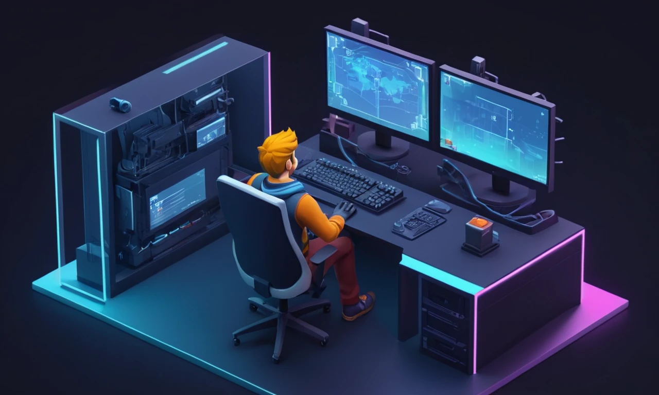 Una ilustración de un desarrollador de juegos sentado frente a una pantalla de computadora que muestra un diálogo de interacción de carácter.