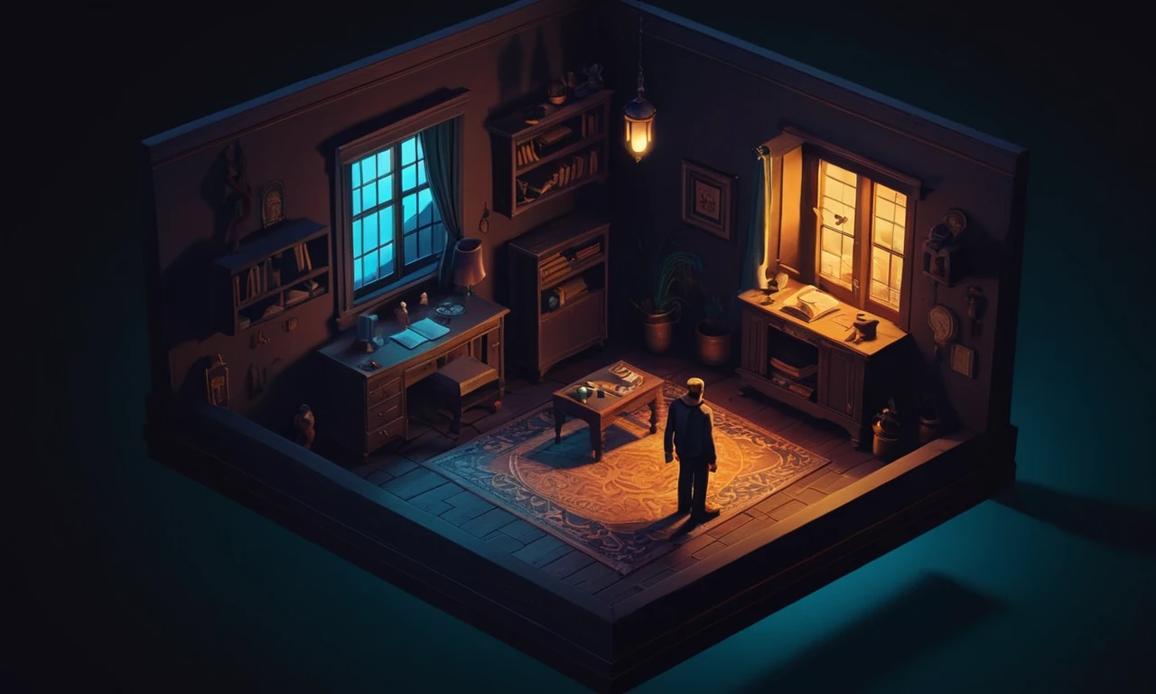 Una ilustración suspensiva de una misteriosa escena que se desarrolla en un cuarto oscuro con luz estremecedora y sombras dramáticas.