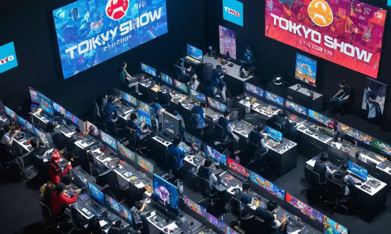 Una persona sentada frente a una pantalla de TV o computadora que muestra el logotipo de Tokyo Game Show con varios personajes de juego y consolas alrededor.