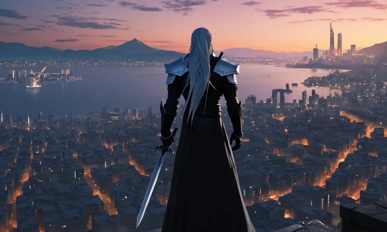 Una silueta oscura de Sephiroth de Final Fantasy VII de pie frente a un paisaje urbano al atardecer.