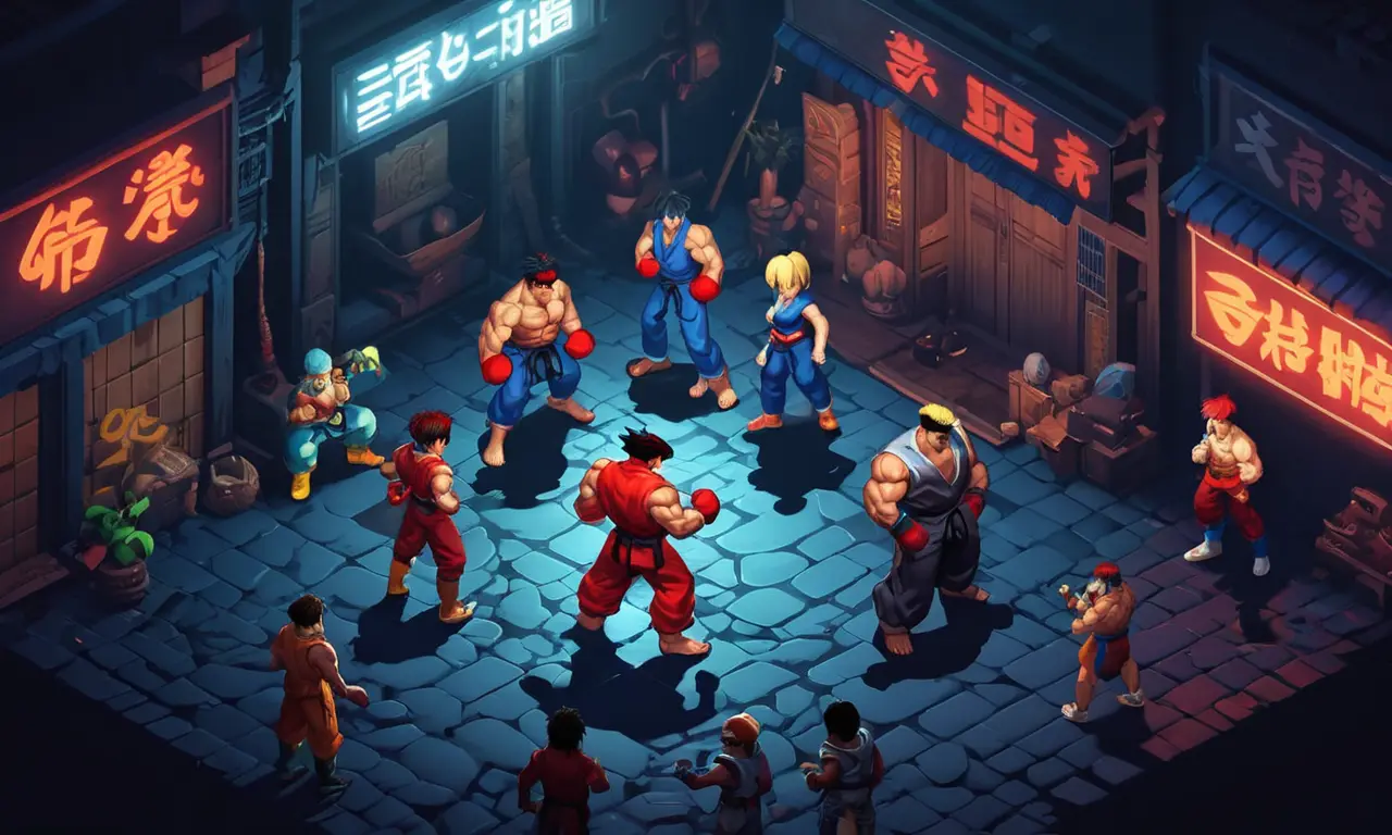 Una ilustración oscura y de humor de los personajes de Street Fighter rodeados de sombras y símbolos misteriosos.