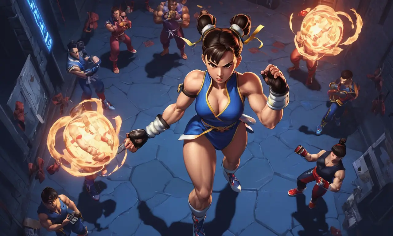 Chun-Li, rodeado de sombras oscuras, tiene un dispositivo de control mental roto con las caras de otros personajes de Street Fighter en el fondo.