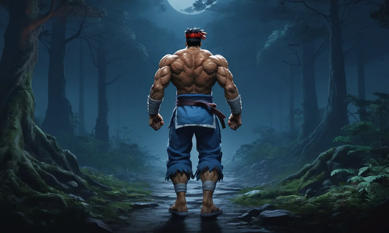 Ryu, el guerrero luchador de la calle, caminando solo en un bosque oscuro y sucio.
