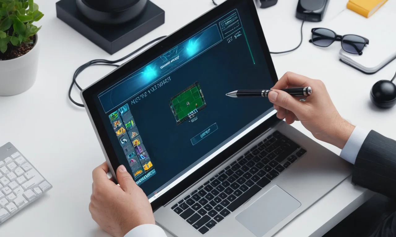 Unas manos de abogados que sostienen un dil cerca de una pantalla de computadora que muestra una interfaz de modificación del juego.