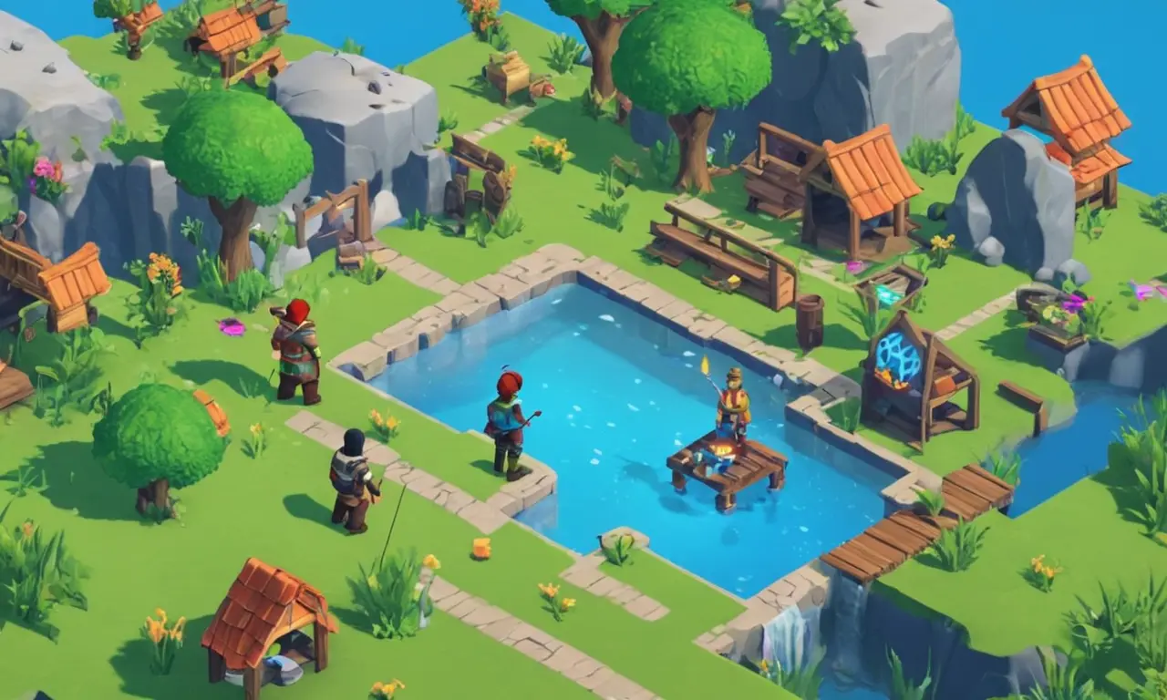 Un personaje de jugador interactuando con NPCs en un mundo virtual con avatares personalizables.