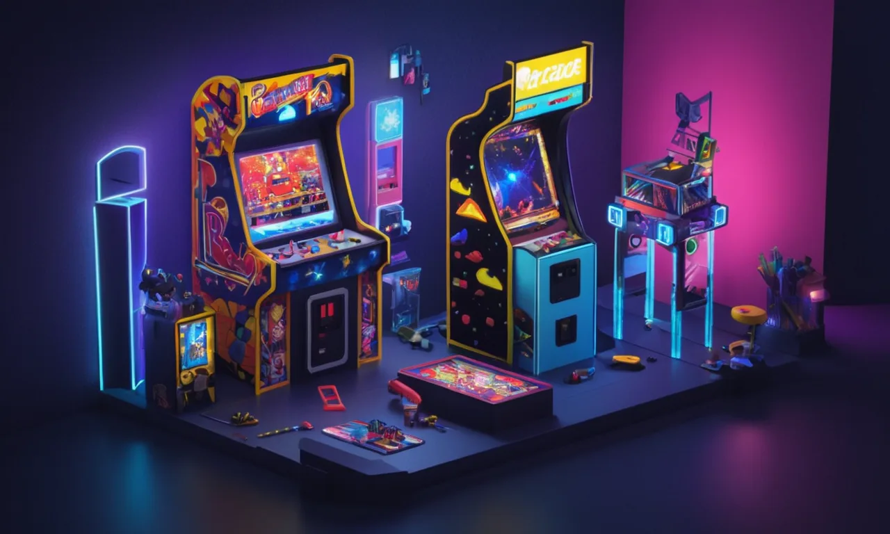 Una persona que construye un gabinete de arcade desde cero con varias herramientas y opciones de personalización disponibles en el fondo.