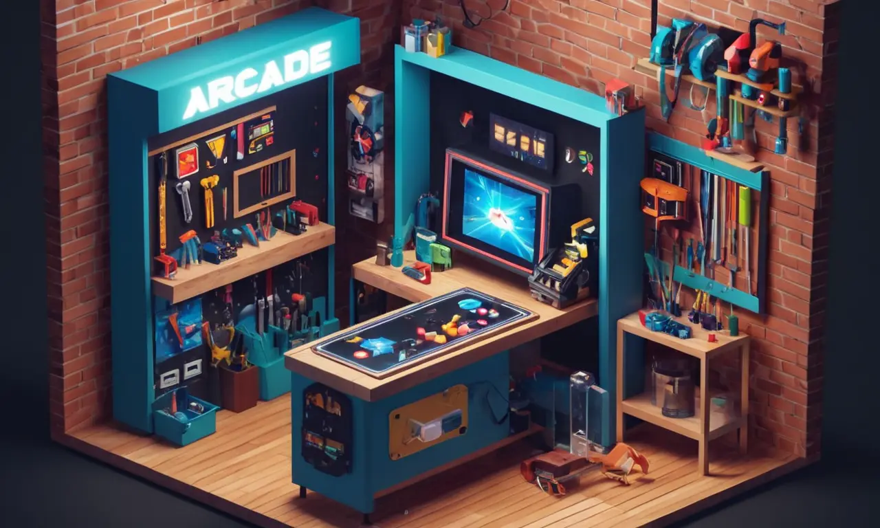 Una persona rodeada de herramientas y materiales DIY, montaje y personalización de un gabinete de arcade.