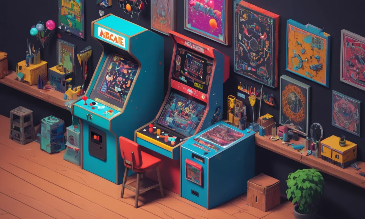 Una persona tinkering con una vieja máquina de arcade rodeada de herramientas y materiales DIY.