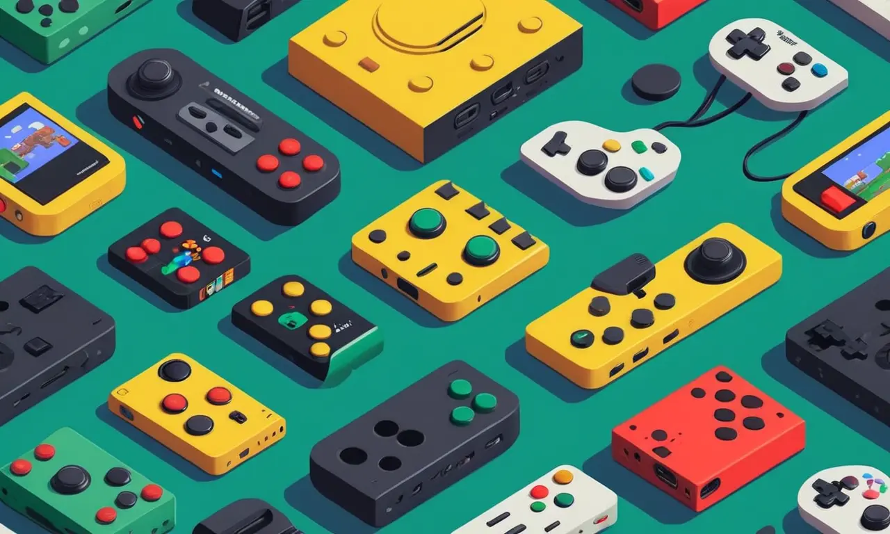 Un collage de controladores de consola icónicos, con escenas de juegos retro y personajes de juegos cooperativos como GoldenEye y Mario Kart.