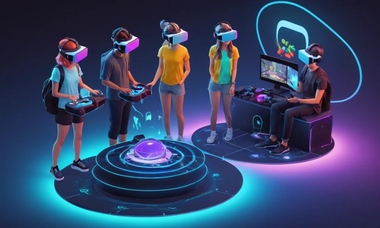 Un grupo de amigos jugando juegos cooperativos VR en plataformas pioneras.