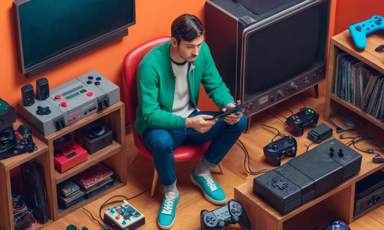 Un periodista de juego escribiendo un artículo de revisión rodeado de viejos controladores de consola y juegos vintage.