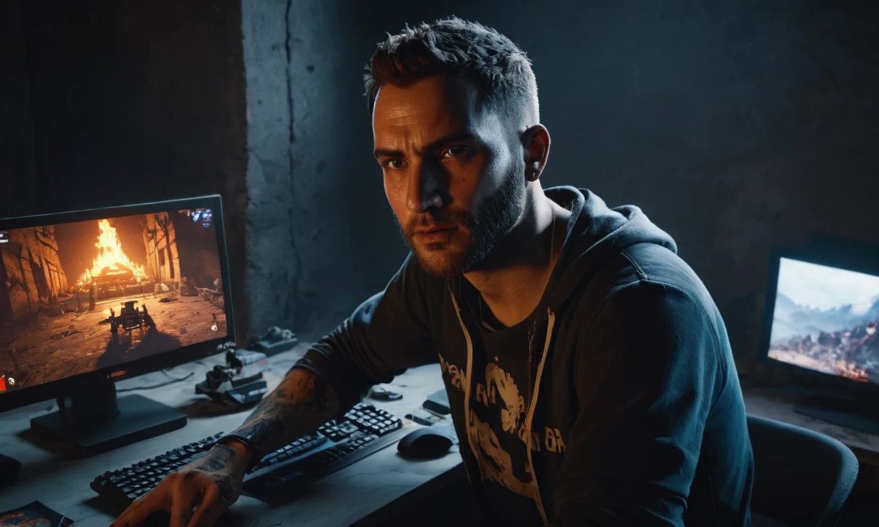 Un jugador sentado frente a una pantalla de ordenador mostrando el juego Dying Light 2 con una mirada crítica en su cara.