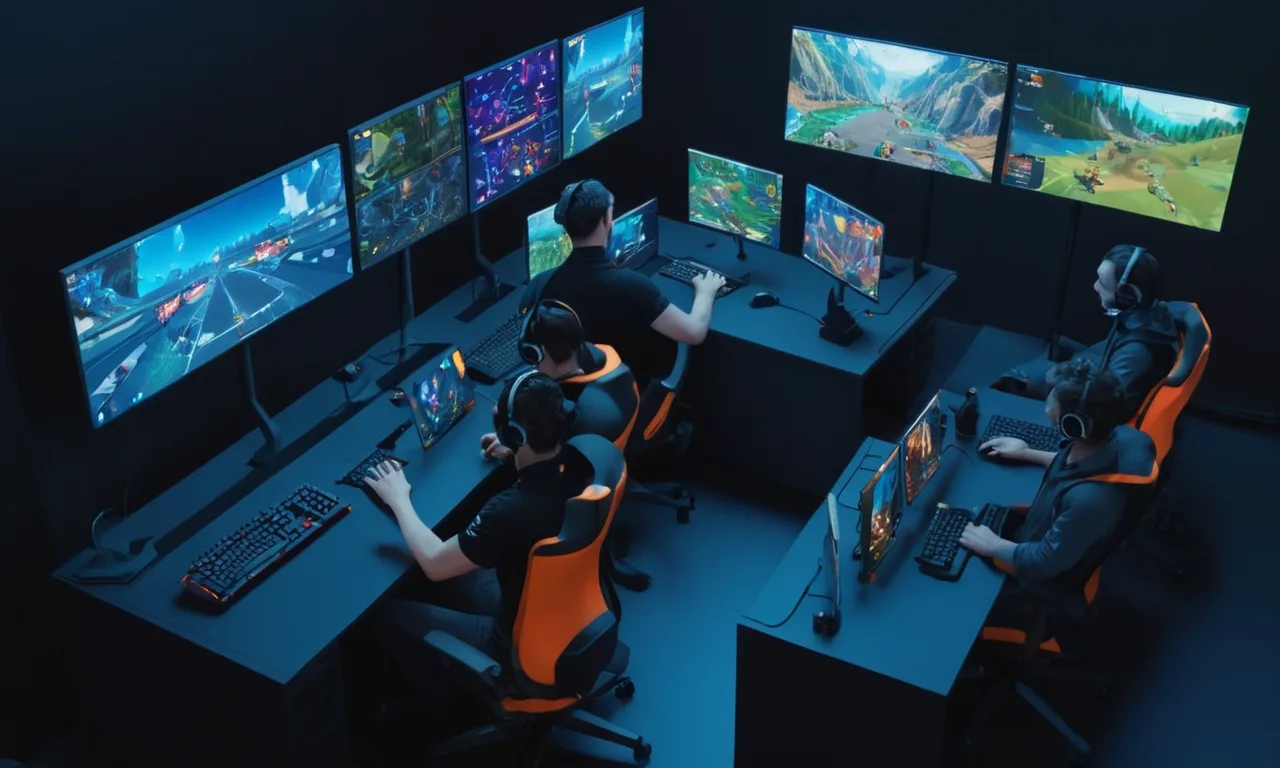Jugadores profesionales usando herramientas de simulación en pantallas de computadora para entrenar.